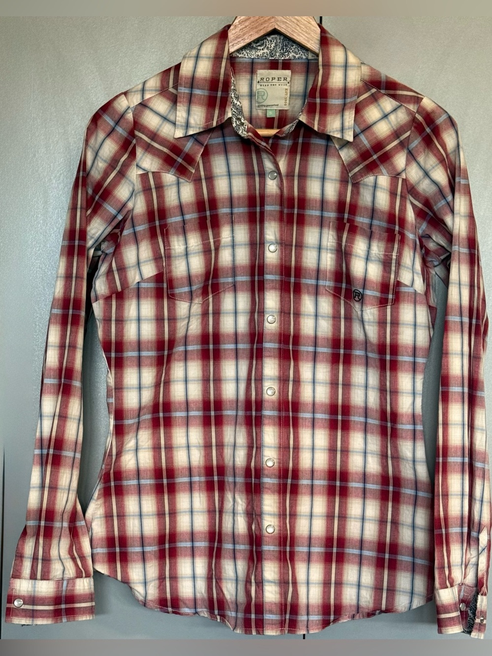 Roper Women’s Plaid Western Pearl Snap Shirt Small Red Blue Paisley Cotton